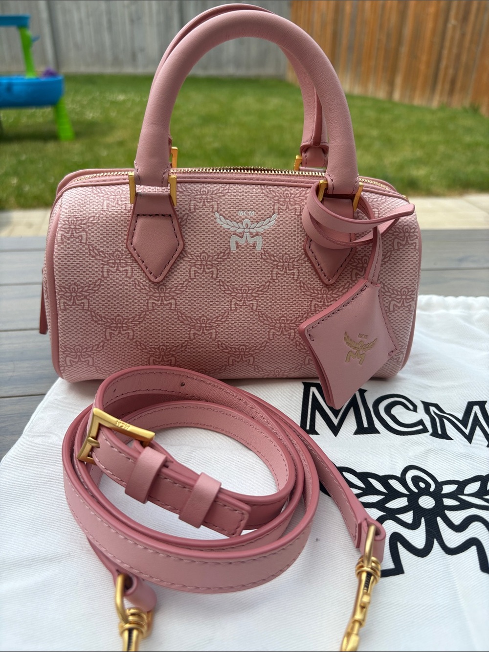 MCM Pink Visetos Speedy-Style Mini Satchel with Gold Hardware